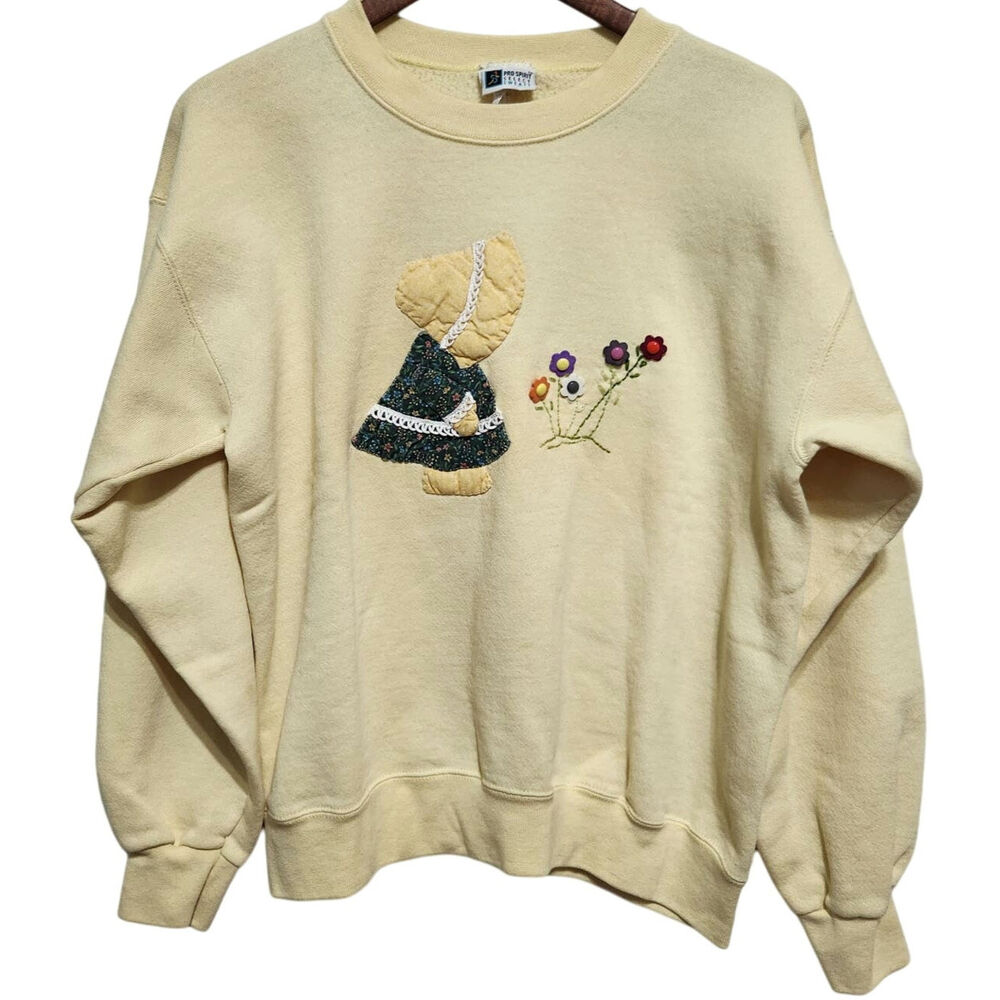 VTG‎ 90s Prairie Girl Flowers Crewneck Sweatshirt Sz L Butter Yellow Cottagecore